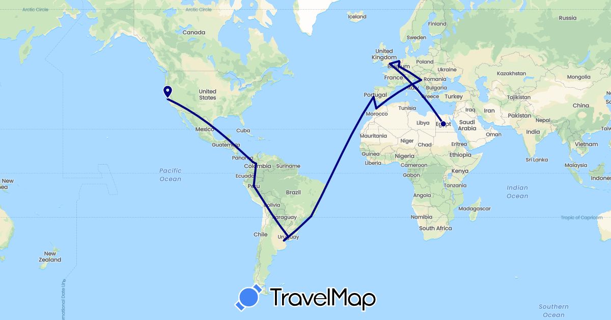 TravelMap itinerary: driving in Argentina, Belgium, Brazil, Colombia, Egypt, United Kingdom, Croatia, Morocco, Netherlands, Peru, Portugal, United States, Uruguay (Africa, Europe, North America, South America)